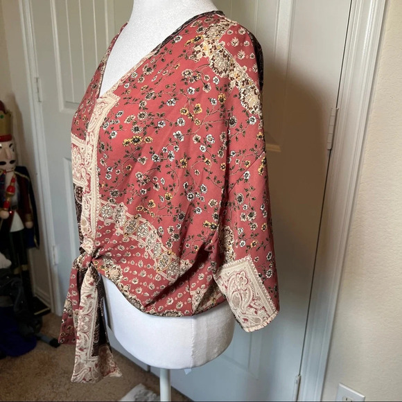 I. Joah Tops - I. Joah V-Neck Tie Front Multimedia Boho Top, Small